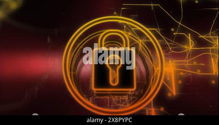 Image of padlock icon and data processing over dark background Stock Photo