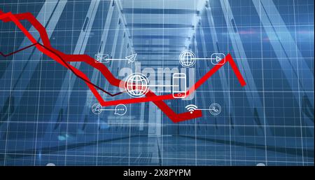 Image of statistical data processing and multiple digital icons against computer server room Stock Photo