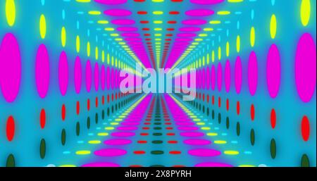 Image of abstract neon circles pattern moving on blue background Stock Photo