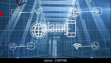 Image of statistical data processing and multiple digital icons against computer server room Stock Photo