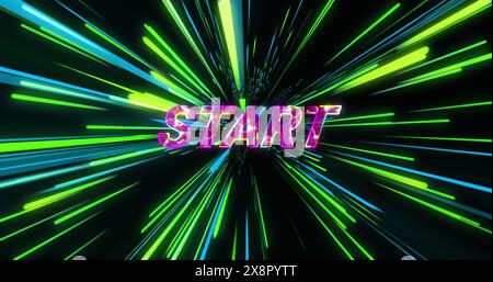 Image of start text over neon light trails on black background Stock Photo