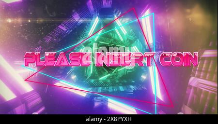 Image of glowing triangles forming tunnel with light trails spinning in hypnotic motion in seamless Stock Photo