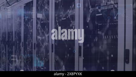 Rows of modern server racks with digital data overlays suggesting data center Stock Photo