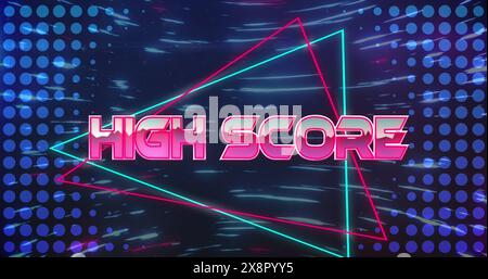 Image of high score text on triangular banner and blue light trails spinning in seamless pattern Stock Photo