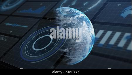 Image of interface with data processing against spinning globe in space Stock Photo