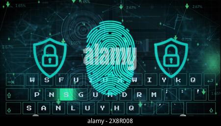 Image of security padlock icon, fingeprint scanner, virtual keyboard and network of connections Stock Photo