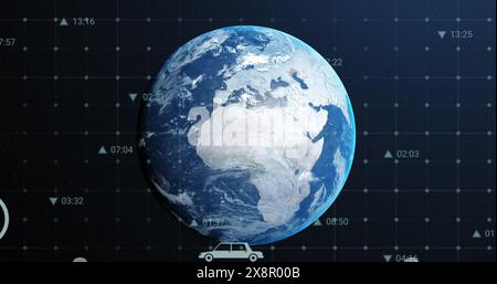 Image of multiple digital icons over grid network against spinning globe in space Stock Photo