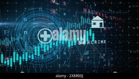 Image of digital icons and round scanner against cyber security data processing Stock Photo