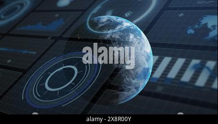 Image of interface with data processing against spinning globe in space Stock Photo