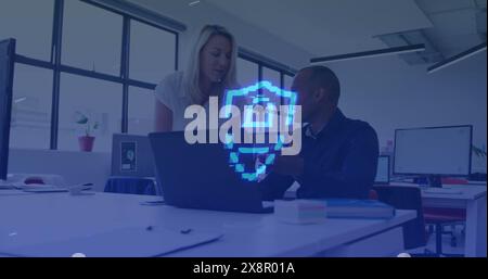 Image of security padlock and data processing over diverse business people in office Stock Photo