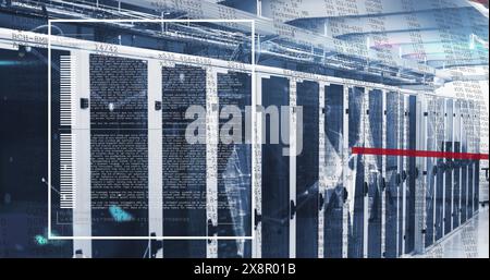 Image of computer language, connected dots, red lines moving over data server racks Stock Photo