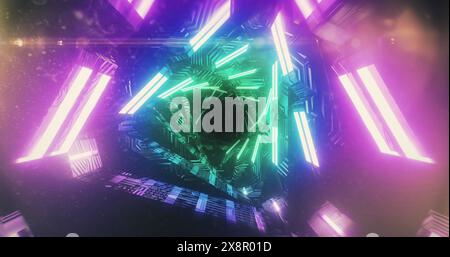 Image of glowing triangles forming tunnel with light trails spinning in hypnotic motion in seamless Stock Photo