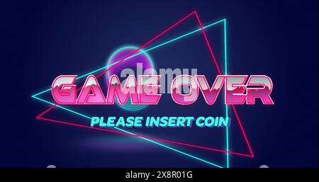 Image of game over text on triangular banner over spiral shape spinning on blue background Stock Photo