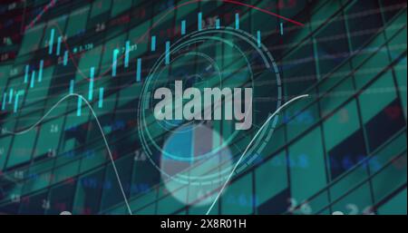Image of 6g text on round scanner, statistical, stock market data processing over tall building Stock Photo