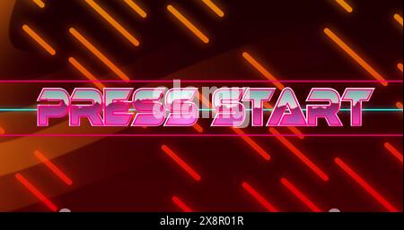 Image of press start text banner over orange digital waves and lines in seamless pattern Stock Photo