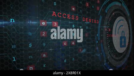 Image of security padlock icon over round scanner against cyber security data processing Stock Photo