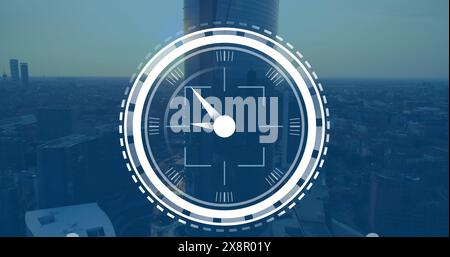 Image of scope scanning over ticking clock icon against aerial view of cityscape Stock Photo