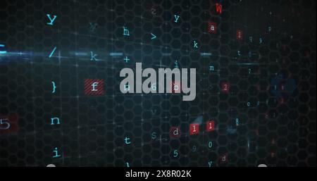 Digital code and symbols are floating on dark, hexagonal grid background Stock Photo