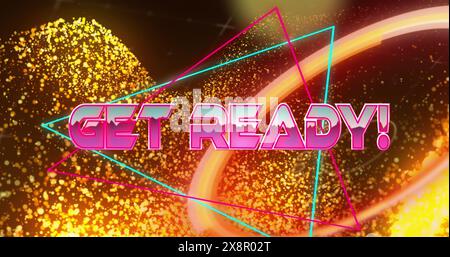Image of get ready coin text banner over orange glowing digital waves and neon round scanner Stock Photo