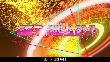 Image of get ready coin text banner over orange glowing digital waves and neon round scanner Stock Photo