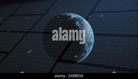 Image of interface with data processing against spinning globe in space Stock Photo