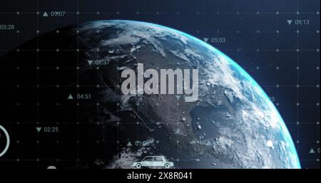 Image of multiple digital icons over grid network against spinning globe in space Stock Photo