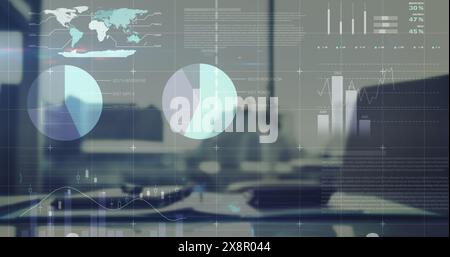 Image of statistical data processing against equipments on office desk Stock Photo