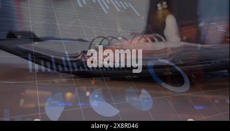 Image of statistical data processing against close up view of a open diary on office table Stock Photo