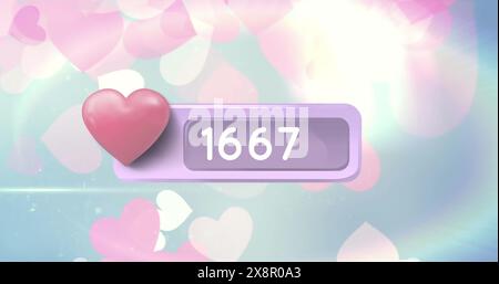 Image of heart shape, changing numbers in notification bar over hearts on abstract background Stock Photo