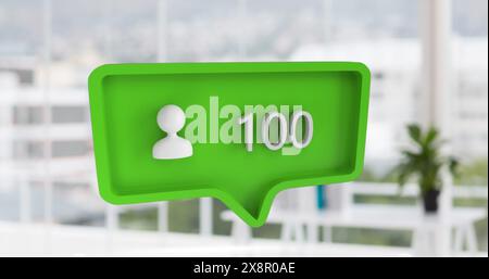 Image of icon and changing numbers in speech bubble over modern city against glass window Stock Photo