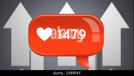 Image of heart shape and changing number in notification bar over arrows on gray background Stock Photo