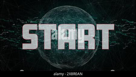 Image of start text, connected dots on rotating globe over abstract background Stock Photo