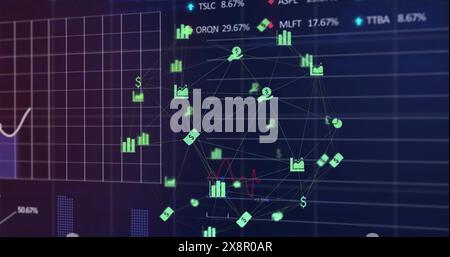 Image of connected icons forming globe with graphs and trading boards over black background Stock Photo