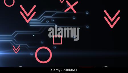 Image of red geometric shape with circuit board pattern over black background Stock Photo