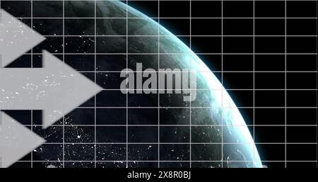 Image of arrow on grid pattern and rotating globe over black background Stock Photo
