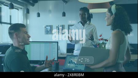 Image of changing numbers and icon in notification bars, diverse coworkers discussing reports Stock Photo
