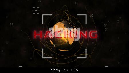 Image of hacking text, view finders and spiral pattern around globe over black background Stock Photo