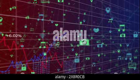 Image of multiple graphs with changing numbers over connected icons over black background Stock Photo