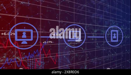 Image of flowchart of icons over multiple graphs with changing numbers over connected dots Stock Photo