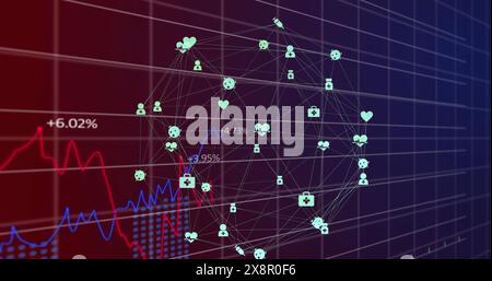Image of connected icons forming globe with graphs and changing numbers over black background Stock Photo