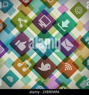 Various social media and communication icons float over a bright, colorful abstract backdrop, symbolizing connectivity and digital interactions. Stock Vector