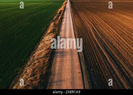 Straight narrow asphalt road running through cultivated fields in countryside, aerial shot from drone pov high angle view Stock Photo