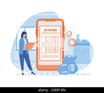 Woman checking tax payment. Tax return documents. flat vector modern illustration Stock Vector