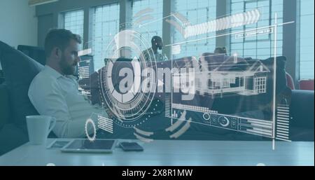 Image of hud screen with radar and 3d house over caucasian businessman using laptop on sofa Stock Photo