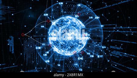 Image of globe with numbers rotating over binary codes and programming language Stock Photo