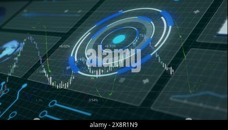 Image of hud screens with radar and multiple graphs moving on grid background Stock Photo