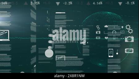 Image of computer icons and programming language moving over globe Stock Photo