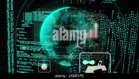 Image of icons globe rotating over binary codes and programming language Stock Photo