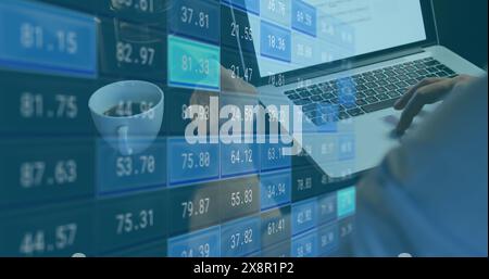Image of numerical report over caucasian businesswoman having coffee and using laptop Stock Photo
