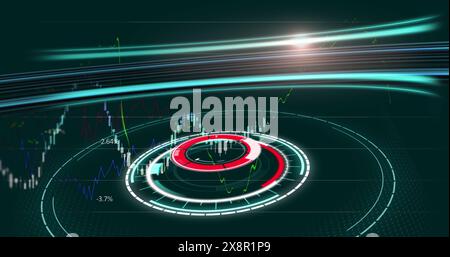 Image of radar and multiple graphs with numbers moving on grid background Stock Photo